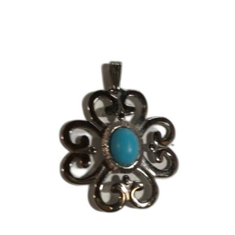Silver Tone Clover Pendant‎ Turquoise Colored Cabochon Statement Jewelry